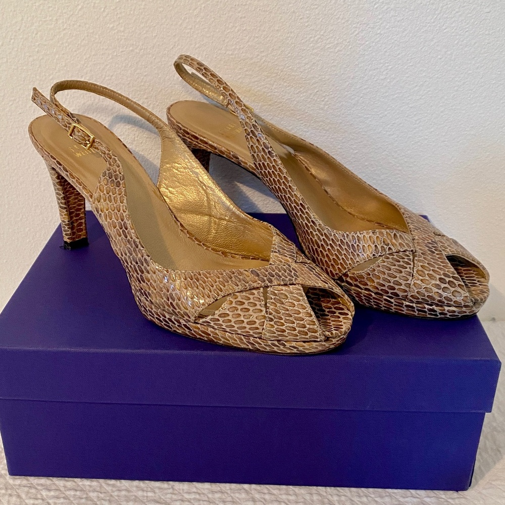 Stuart Weitzman Peekapoo Mushroom Crystal Slingback Snakeskin Pumps Heels sz 10M